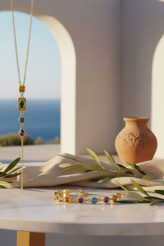 Parure Héra collier et bracelet, plaqué or 18 carats et pierres
