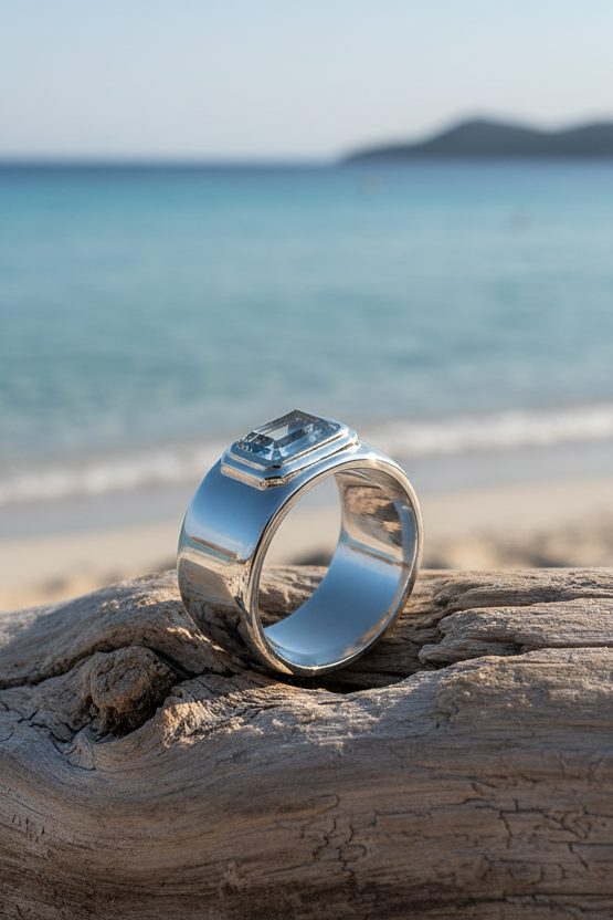 Bague Calypsa en argent 925 rhodié miroir & pierre bleue une pièce couture minimaliste au — Vogue Française