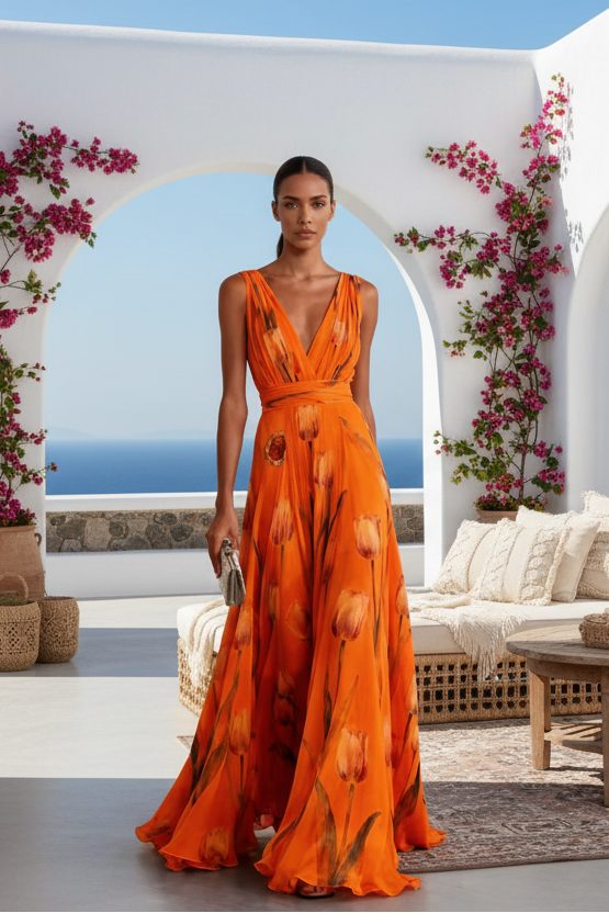 Robe de cocktail longue vaporeuse à imprimé tulipes — Vogue Française