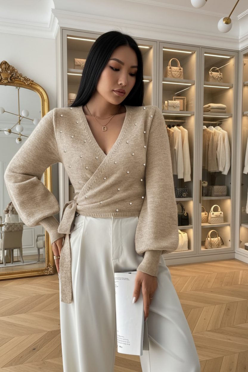 Pull Vendôme col V, détails perlés et laçage — Vogue Française