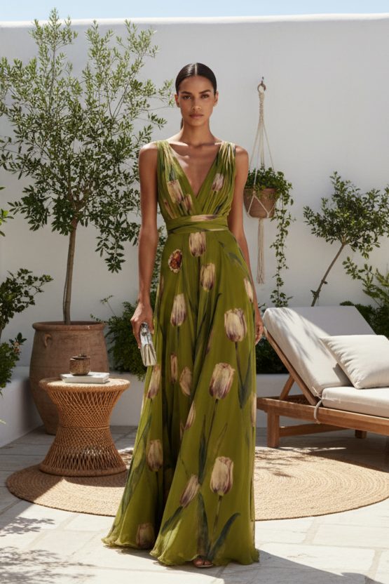 Robe de cocktail longue vaporeuse à imprimé tulipes — Vogue Française